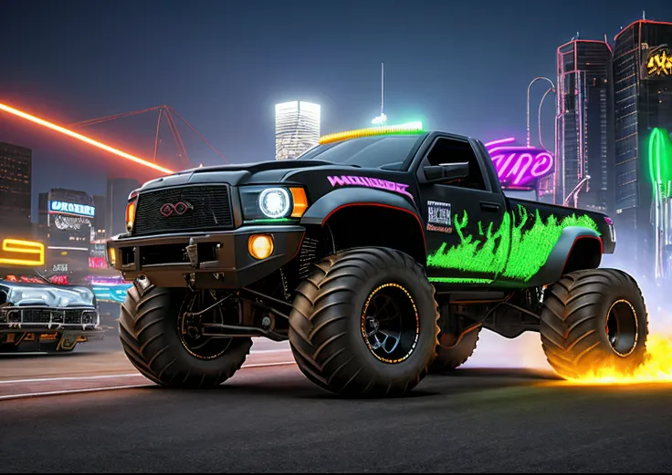 Realistic, masterpiece, black monster truck crushing a row of neon cars, shiny chrome rims