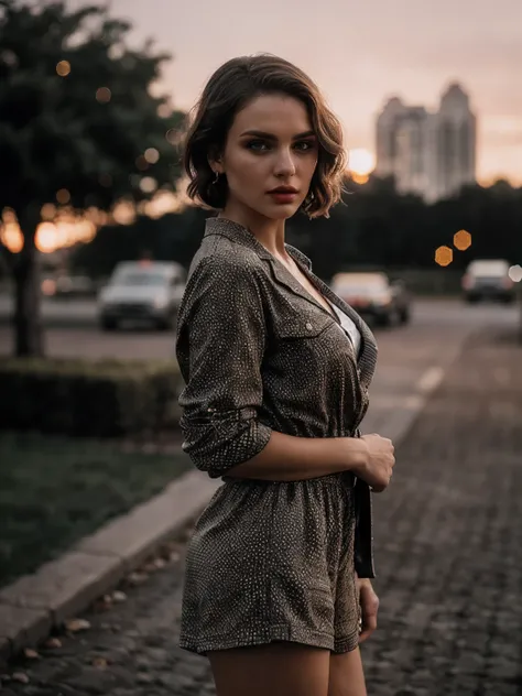 (sharp focus: 1.2), photo (full body) (American flat), attractive 25-year-old, (beautiful face: 1.1), detailed light brown eyes, delicious lips, (eye makeup: 0.85), (medium breasts: 1.0), (firm body: 1.2), (short hair: 1.2), wearing (playful romper) plaid ...