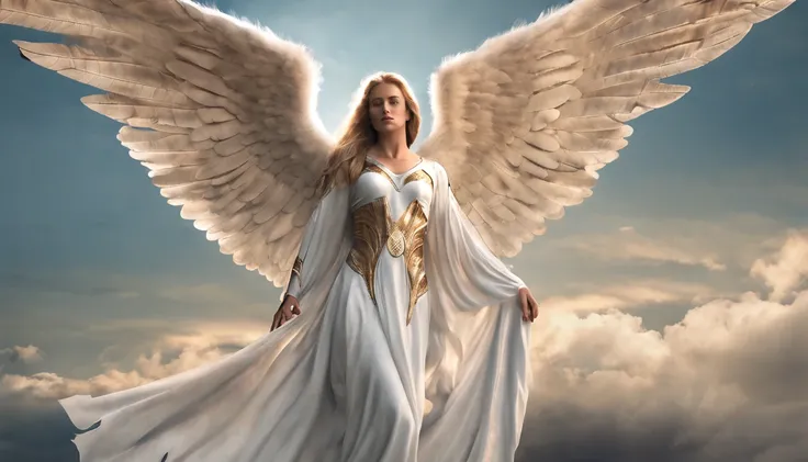 There is a painting of an angel with wings in the sky, Anjo majestoso de corpo inteiro, vestido com roupas brancas e vermelhas, biblical accurate angel, Arcanjo Miguel, anjo protegendo em guarda, angel spirit guide, angelic, Arcanjo Miguel, humano alado, e...