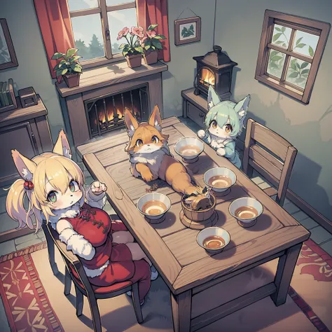 Anime Character Little Cute Fox Girl , big room, Lonely day, Fantasy Treehouse, Filled with attributed rooms, Ghibli Studio style, Complex golden fur, Beautiful and big eyes, Warm room with back view of anime characters, Sitting in front of a warm fireplac...