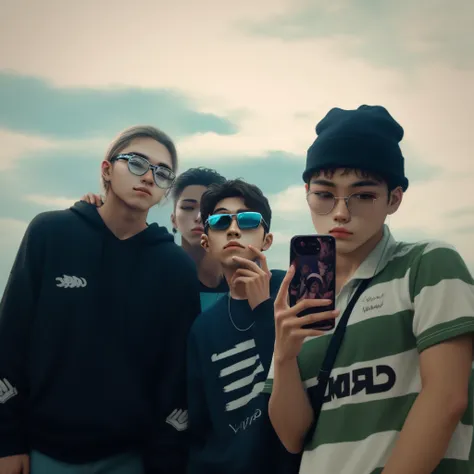 Four people standing in front of the mirror, holding the phone, Ulzzang nam, Aesthetics, Aesthetics!!!!, aesthetics!, street art style, lo fi, standing in front of the mirror, aesthetics!, album art, realistic art style, smooth in _background, aesthetics,,...