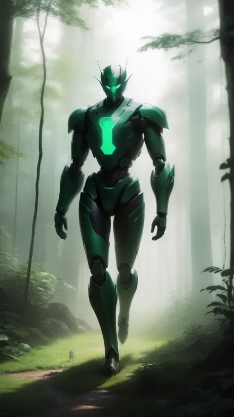 A robot figure stands in the middle of a lush crowd, green forest, It is surrounded by tall trees and a soft mist.