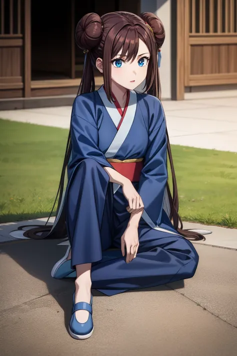 ro1, hair bun, twintails, long hair, hair ornament, blue eyes:1.5, hanfu, tang style, full body, sitting on ground, perfect eyes:1.2, detailed eyes:1.4, masterpiece, best quality,