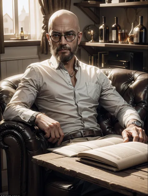 Imagem hiper-realista dos anos 2011 de um homem careca com oculos e barba na casa dos 36 anos sentado em uma adega em Portugal. loja de vinhos, Ele usa uma roupa elegante, 36 anos de idade, with the man there is a collection of wines in the background. The...