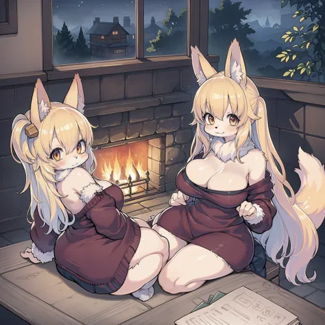 Anime Character Cute Fox Girl , big room, Lonely day, Fantasy Tree House, Filled with attributed rooms, Ghibli Studio style, complex golden fur, Beautiful and big eyes, A warm room where you can see the back of the anime characters, Sitting in front of a w...