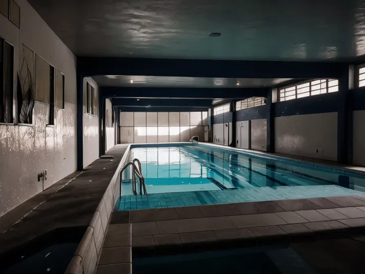 There is a swimming pool in a building with a plaque on the wall, piscina, piscina, swim suite, em uma piscina, Piscinas, Fotografia tirada em 2 0 2 0, piscina coberta, Tiro em Leica SL2, swimming, completamente vazio, piscina, A pool inside the giant pala...