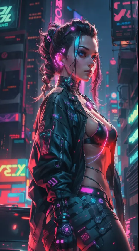 "cyberpunk city with a stylish lady character in futuristic attire and vibrant neon lighting."