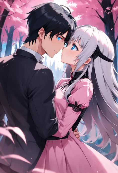 A handsome boy with piercing blue eyes and sleek black hair passionately kissing a charming girl with captivating pink eyes, both elegantly clad in matching black and pink attire