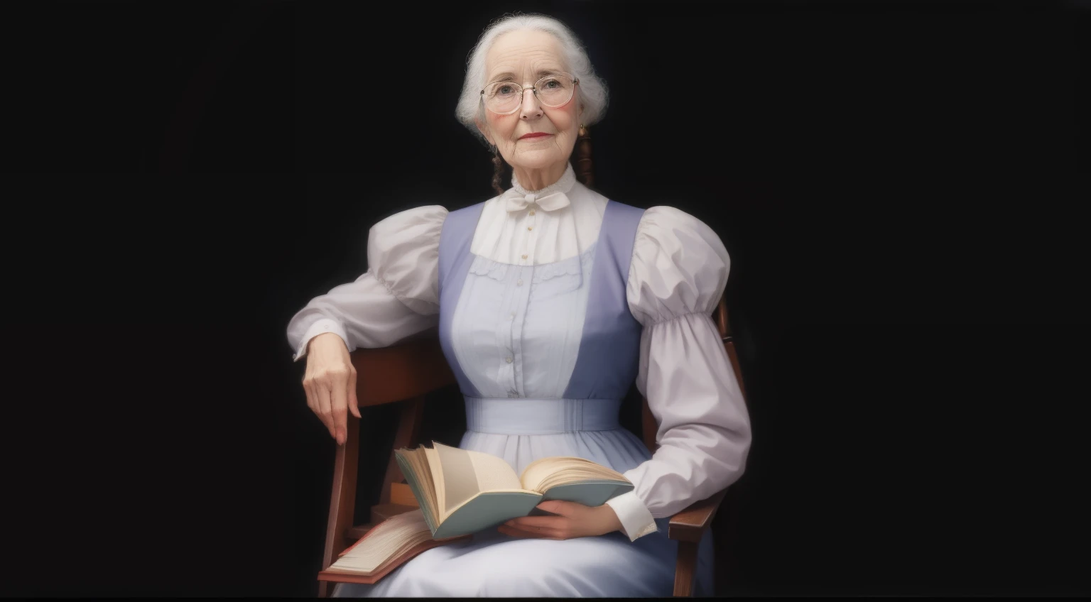 There is an old woman sitting in a chair with a book, inspirado em Edith Grace Wheatley, inspirado por Clara Miller Burd, inspirado em Thomas Millie Dow, retrato do livro, inspirado em Violet Fuller, foto realista de 1903