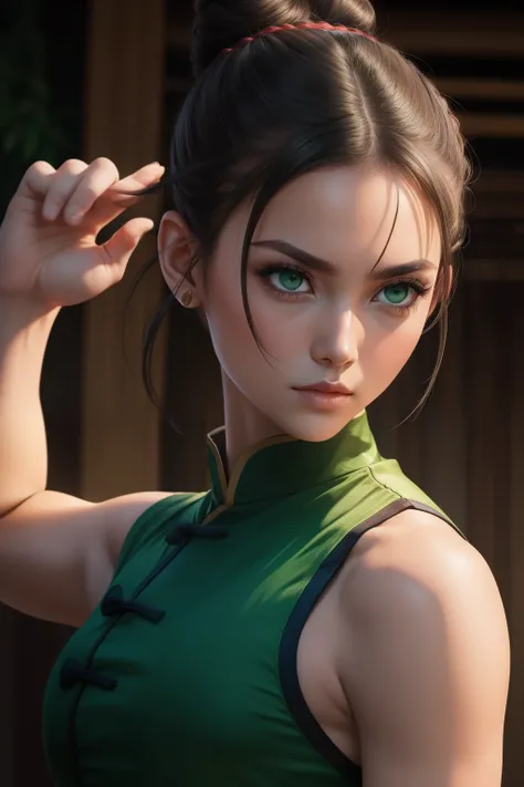 green eyes, double bun, kung fu girl