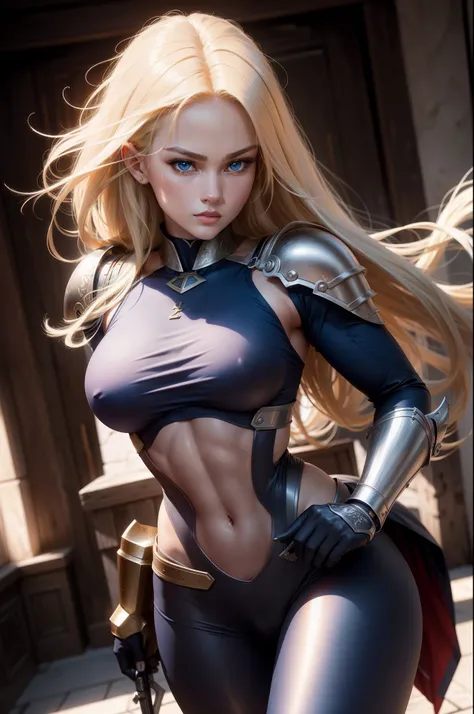 (8K,Photorealsitic　RAW Photography　top-quality;1.4) 1GIRL) Super beauty　(lifelike face) 　(a blond)　Martial arts suit and rubber pants　Tempting viewers　beautiful expression　Blue eyes　(real looking skin)　(Female Paladin)　enticing　超A high resolution　A hyper-r...