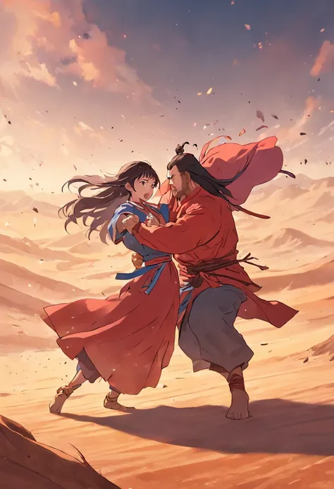 Mongolian princess engaged in a fierce wrestling match with a strong Mongolian man, set in the vast desert, capturing the intensity of their full body shot