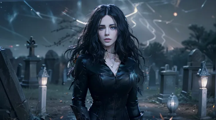 beautiful woman reminiscent of yennefer from the witcher with long black hair and violet eyes bright as constellations, obra pri...