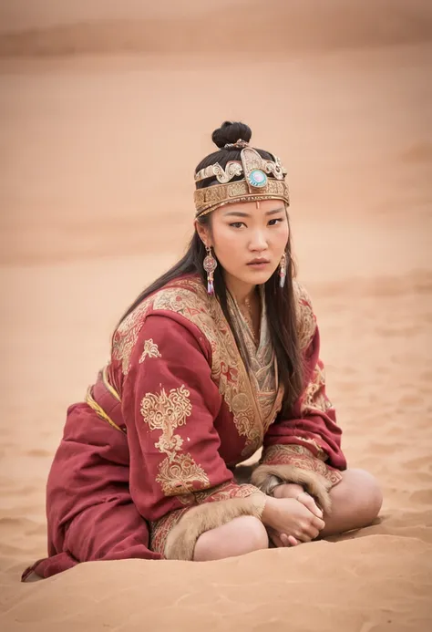 marcopolo figting wrestling with mongolian princess in desert in ancient time