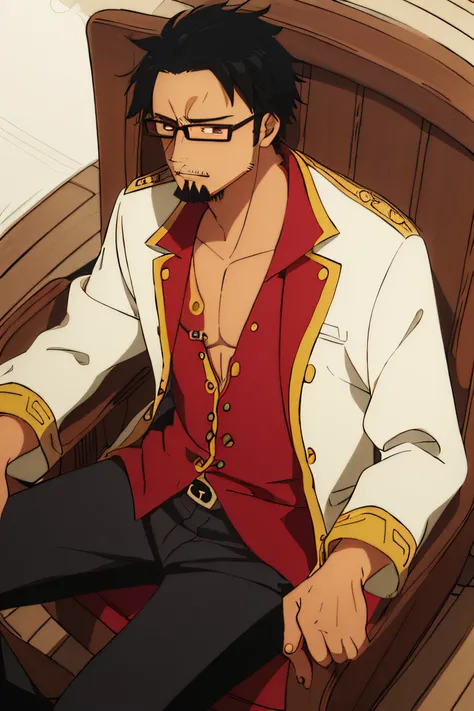 man with short black hair, dark brown eyes, goatee, and glasses, wearing a pirate captains formal suit, sitting in a pirate ship captains cabin chair, (((high quality))), ((masterpiece)), (best quality), (extremely detailed).