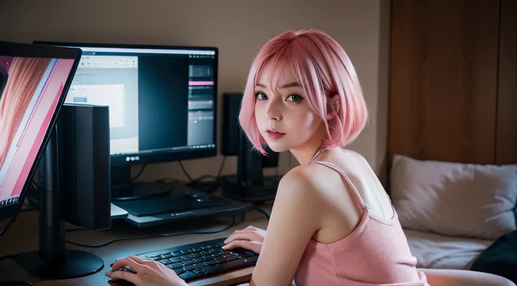 photo from back , of a woman working on a computer , freelancer , gamer , cute girl ,facing computer , looking at computer , thinking, with short pink hair, jovana rikalo, young business woman, with pink hair, high quality portrait , aleksandra waliszewska