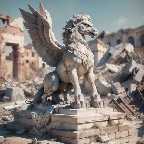 Ancient stone statue of a griffin in ruins ( Destroyed ancient statue) ((GRIFO)) Scenery of Greece, desmoronando, detalhado (ANCIENT STATUE IN RUINS ) ( heroic pose )