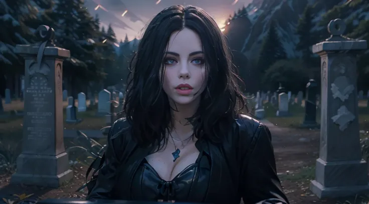 Beautiful woman reminiscent of Yennefer from The Witcher with long black hair and violet eyes bright as constellations, obra prima, ultra qualidade, 8k, cabelos caindo sobre seus ombros, in the background a cemetery, Shes wearing a black suit and tie.........