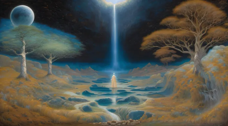 Painting of a man standing on a river with a waterfall, Mystic oil on linen, Painting of a dreamlike landscape, Por tomasz alen kopera, surreal oil painting, Inspirado em Tomasz Alen Kopera, Beksinski e Alex Gray, Fantasy oil painting, surreal oil on canva...