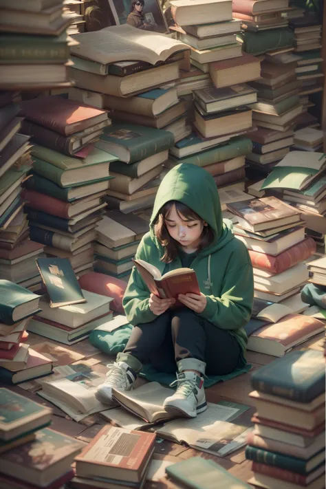 Finding you reading on the ground in a pile of books full of books 1girl, wearing green hoodies, sitting on the floor,8k