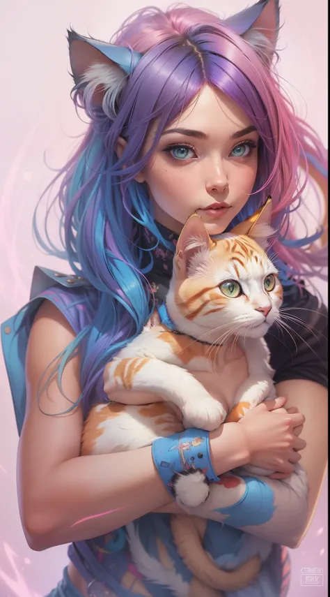 a woman with colorful hair holding a cat in her arms, beautiful comic art, attractive cat girl, artgerm and lois van baarle, cat girl, catgirl, artgerm and grek rutkowski, artgerm greg rutkowski _ greg, artgerm colorful!!!, artgerm and greg rutkowski