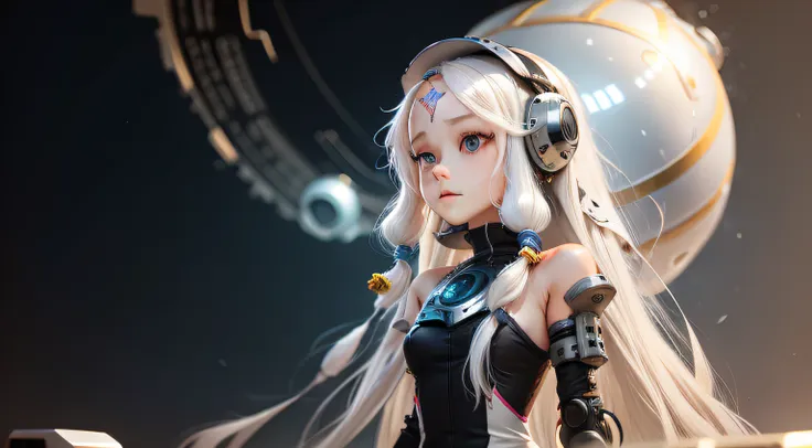 a robotic girl with long white hair and a big pearl in her forehead