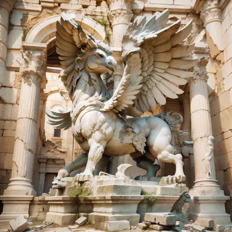 Ancient stone statue of a griffin in ruins ((GRIFO)) Scenery destroyed ruins of athena. heroic pose