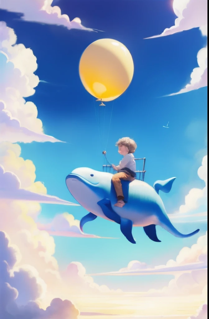 A child, riding a whale, flying in the clouds, balloons, blue sky and white clouds, looking at the camera