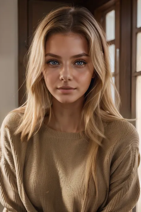 1Girl 18 years old, nur, Lange Haare, midsize boobs, Blick auf den Betrachter, blondes Haar, nackte Schultern, braune Augen, Schmuck, full entire body, Halskette, schulterfrei, pullover, lips, realistisch, Nase, Flirten mit der Kamera