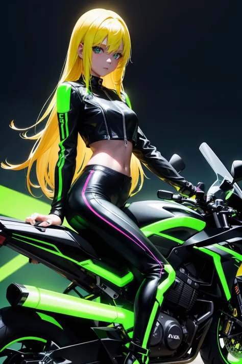 girl on race, motorcycle, neon lights, speed illustration, highway, night, black bodysuit with neon-green Stripes, luminous bodysuit, striped bodysuit, crop top jacket, open jacket, technological, luminous wheels, long blonde hair,  black wheels, yellow mo...