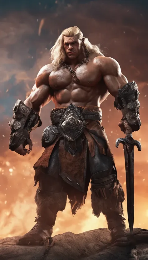 (Outstanding、Professional、Surreal)、muscular barbarian, blonde hair, 1 male, manly, black legendary armor, rugged look, Detailed big ax, Metallic texture,