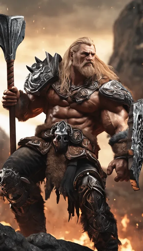 (Outstanding、Professional、Surreal)、muscular barbarian, blonde hair, 1 male, manly, black legendary armor, rugged look, Detailed big ax, Metallic texture,