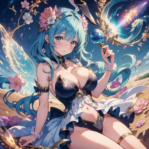 Flower fairy，(big breasts, cleveage, bunnygirl: 1.5 )Large colorful wings，Meteor light，Sand grains brilliance，Magic wand in hand，Petite body，Skysky，flight