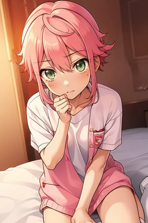 tori, tori himemiya, pink hair, green eyes, small boobs, solo girl, 1girl, sitting on bed, bed covered in blood, bloody hands, teary eyes, shirtless, pink lace panty, lace, pink bed, covered in blood, blood on hands, knife, yandere, pink hair yandere, gore...