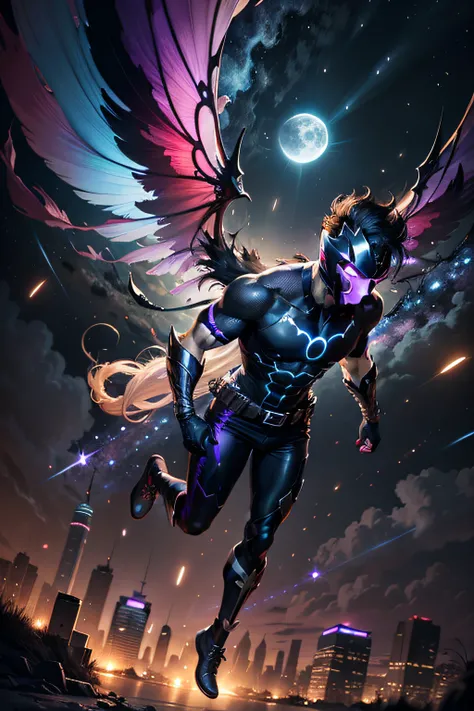 Make a masked male hero flying in the night sky wearing a black outfit with purple and orange accents