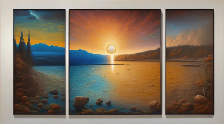 painting of a painting of a sunset over a lake with a mountain in the background, por Amanda Sage, Alex Cinza, Painting of a dreamlike landscape, highly detailed visionary art, visionary art, Alex Grey e Beksinski, Beksinski e Alex Gray, Alex Grey e Tim Hi...