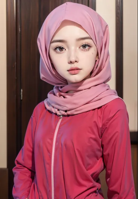 Real life adaption of this character,(she is wearing realistic pink hijab),wearing realistic red maroon sport jacket with white Zipper,Korean teen cute face,hyper realistic,realistic light,realistic shadow,(photorealistic:1.2),realism,realistic skin,realis...