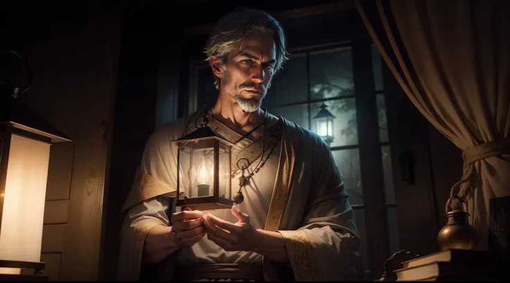 A MAN sage holding a lantern in a darkened room, symbolizing the idea of ​​lighting the way wisely while keeping plans safe.