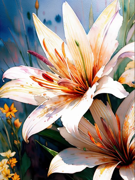 wtrcolor style, digital art of (lilies), official art, blown by the wind, masterpiece, beautiful, ((watercolor)), paint splatter, intricate details. Great detail, [dripping:0.5], trending on Artstation, Rachel Walker