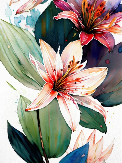 wtrcolor style, digital art of (lilies), official art, blown by the wind, masterpiece, beautiful, ((watercolor)), paint splatter, intricate details. Great detail, [dripping:0.5], trending on Artstation, Rachel Walker