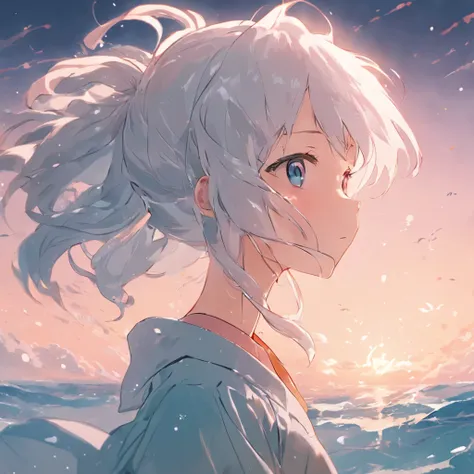 Perfect anime illustration，Extreme close-up portrait of a beautiful white haired girl with ponytail walking in a sea of clouds