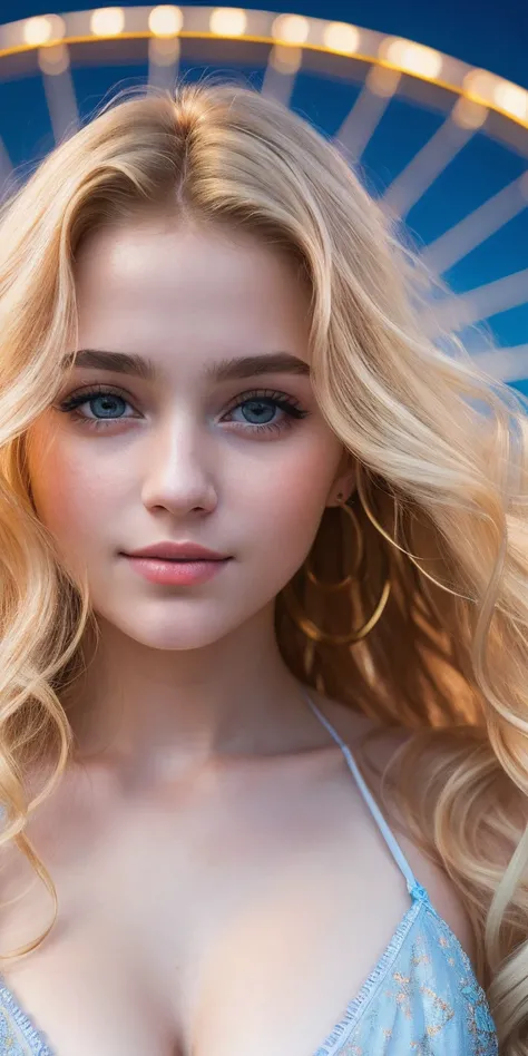 Photo of a Russian girl 20 years old, raw, Beautiful woman, (Long wavy blonde hair), ((Portrait)), ((Detailed face:1.2)), ((detailed facial features)), (finely detailed skin), pale skin,Park, London Ferris Wheel、One piece with fluffy cleavage visible、A sex...