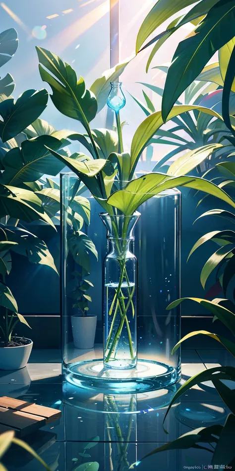 with light glowing, side-lighting, Wallpapers,Ultra-realistic scenes, Surrounded by plants,  (Experimental test tube bottles),  There are plants in the bottle, Blue sky background,outside, open air, simple backgound, water, Sunlight, Low angle view, blende...