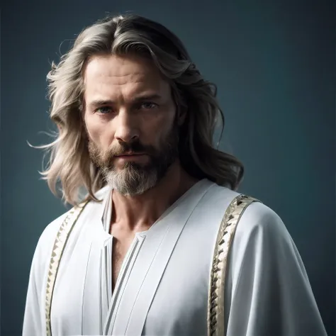 arafed man with long hair and beard wearing white robe, travis fimmel as a jedi master, inspired by John Noble Barlow, long white hair and beard, tron legacy jesus christ, tron legacy jesus, jamie lannister, asgardian, portrait of rugged zeus, mads mikkels...