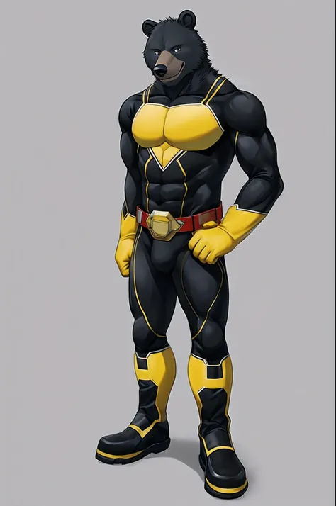 masutepiece, Best Quality, High quality,White background, Simple background, Standing portrait of a character, 1male people, Solo, Male black bear, Furry,  Superhero, Black bodysuit, Yellow boots, yellow gloves, Full body,Look at viewers,Hero logo on chest...