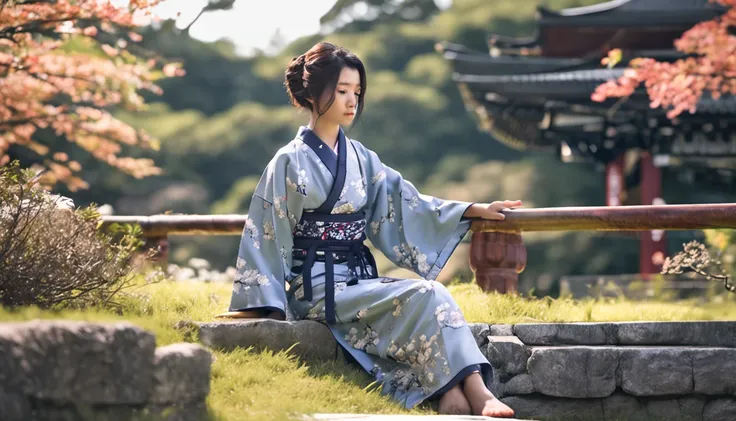 Realistic girl in a blue Japanese kimono dress sitting on a border, nice hands, Nice face, corpo bonito, cabelo curto, Free Pose Female Samurai in Japanese Clothes wearing summer breeze The pattern of the kimono is also expressed in detail and in an easy-t...