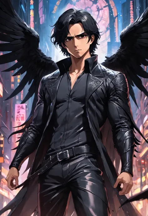 man in black leather clothes with big black wings, fancy leather clothes, leather clothes and boots, angel avan jogia, black wings, muscular arms, black angel, black leather robes! intricate, leather clothing, no text, black leather suit, archangel, Sam Wi...