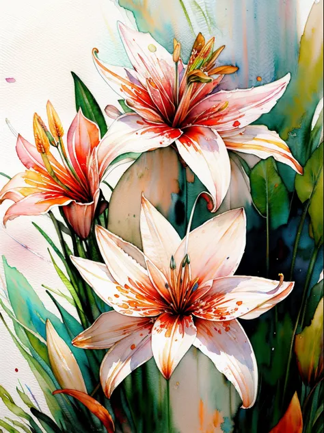 wtrcolor style, digital art of (lilies), official art, blown by the wind, masterpiece, beautiful, ((watercolor)), paint splatter, intricate details. Great detail, [dripping:0.5], trending on Artstation, Rachel Walker