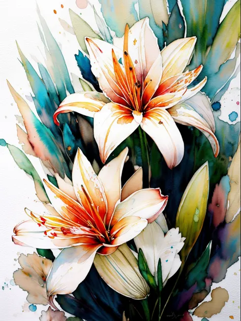 wtrcolor style, digital art of (lilies), official art, blown by the wind, masterpiece, beautiful, ((watercolor)), paint splatter, intricate details. Great detail, [dripping:0.5], trending on Artstation, Rachel Walker