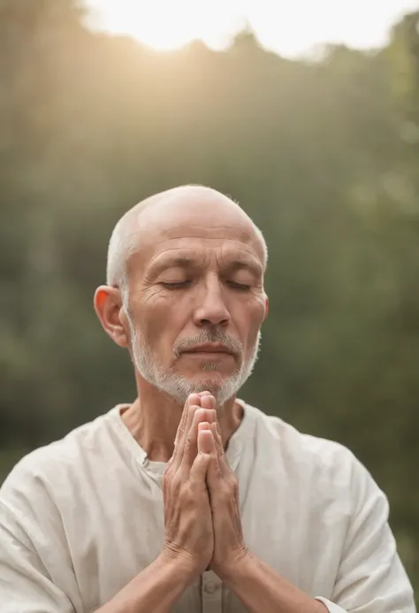 Create the image of a man standing, with eyes closed and hands clasped together in front of his chest, forming a gesture of prayer. He is wearing a simple outfit and is in a quiet spot, cercado pela natureza. Describe the upright posture and expression of ...